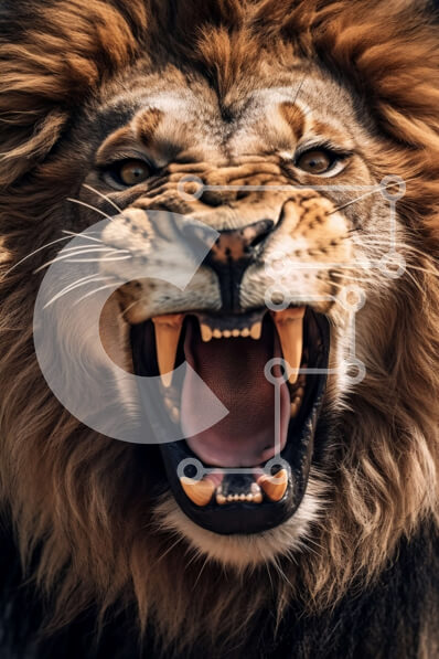 Intra Συλλεκτικό Ξύλινο Παζλ Plywood  4mm - Έντονη κοντινή λήψη του προσώπου του λιονταριού με ανοιχτό στόμα και αιχμηρά δόντια Σε Ξύλινο Κουτί - Διαστάσεις: 10x10 cm – 25 κομμάτια