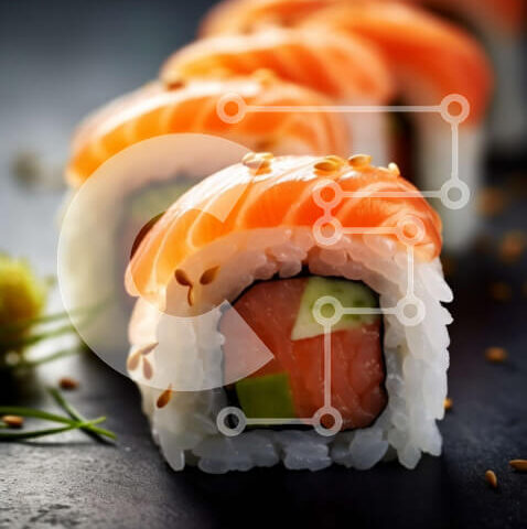 Intra Συλλεκτικό Ξύλινο Παζλ Plywood 4mm - Νόστιμα ρολά σούσι με σολομό, αβοκάντο και σουσάμι Σε Ξύλινο Κουτί - Διαστάσεις: 10x10 cm – 25 κομμάτια - Image 1