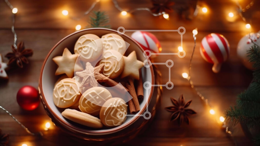 Intra Συλλεκτικό Ξύλινο Παζλ Plywood  4mm - Μπολ με μπισκότα με κουπάτ σε σχήμα αστεριού σε διακοσμημένο ξύλινο τραπέζι Σε Ξύλινο Κουτί - Διαστάσεις: 10x10 cm – 25 κομμάτια