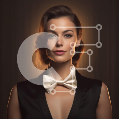 Intra Συλλεκτικό Ξύλινο Παζλ Plywood  4mm - Εκπληκτική Fashion Shot Γυναίκα με μαύρο φόρεμα με λευκό παπιγιόν Σε Ξύλινο Κουτί - Διαστάσεις: 10x10 cm – 25 κομμάτια - Image 1