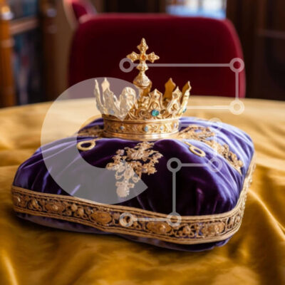 Intra Συλλεκτικό Ξύλινο Παζλ Plywood  4mm - Μωβ και χρυσό στέμμα μαξιλάρι σε κίτρινο τραπεζομάντιλο Σε Ξύλινο Κουτί - Διαστάσεις: 10x10 cm – 25 κομμάτια - Image 1