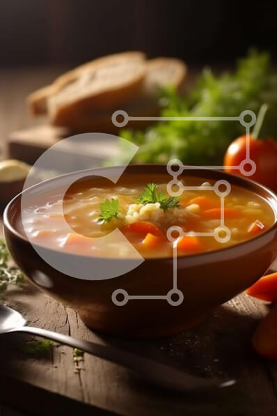 Intra Συλλεκτικό Ξύλινο Παζλ Plywood  4mm - Νόστιμο μπολ με σούπα με φρέσκα λαχανικά και κρούστα σε ένα ξύλινο τραπέζι Σε Ξύλινο Κουτί - Διαστάσεις: 10x10 cm – 25 κομμάτια