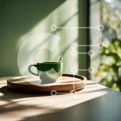 Intra Συλλεκτικό Ξύλινο Παζλ Plywood 4mm - Πράσινο φλιτζάνι καφέ στο δίσκο μπροστά από το ανοιχτό παράθυρο Σε Ξύλινο Κουτί - Διαστάσεις: 10x10 cm – 25 κομμάτια - Image 1