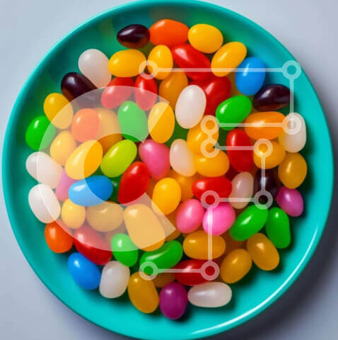 Intra Συλλεκτικό Ξύλινο Παζλ Plywood  4mm - Πολύχρωμα φασόλια ζελέ στο μπλε πιάτο Σε Ξύλινο Κουτί - Διαστάσεις: 10x10 cm – 25 κομμάτια - Image 1