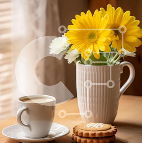 Intra Συλλεκτικό Ξύλινο Παζλ Plywood  4mm - Καφές, μπισκότα και κίτρινα λουλούδια στο τραπέζι Σε Ξύλινο Κουτί - Διαστάσεις: 10x10 cm – 25 κομμάτια - Image 1