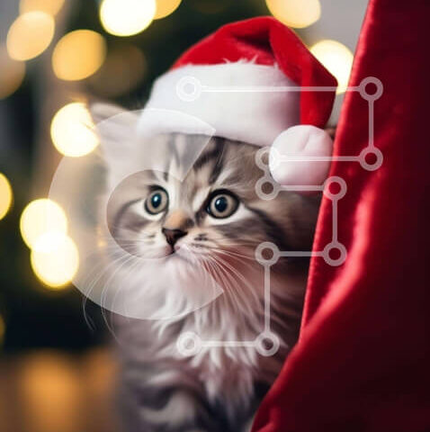 Intra Συλλεκτικό Ξύλινο Παζλ Plywood  4mm - Χαριτωμένο γατάκι με καπέλο Άγιου Βασίλη Σε Ξύλινο Κουτί - Διαστάσεις: 10x10 cm – 25 κομμάτια - Image 1