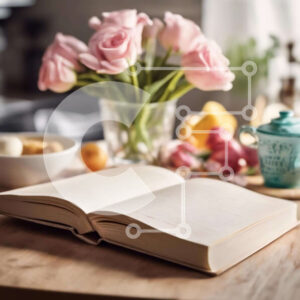 Intra Συλλεκτικό Ξύλινο Παζλ Plywood  4mm - Ανοιχτό βιβλίο και φαγητό σε ξύλινο τραπέζι με ροζ λουλούδια Σε Ξύλινο Κουτί - Διαστάσεις: 10x10 cm – 25 κομμάτια