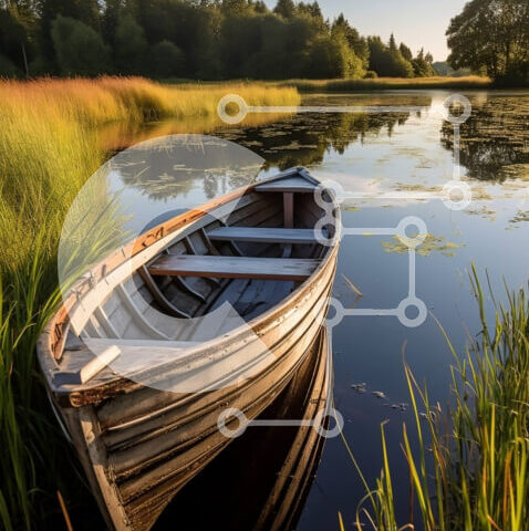 Intra Συλλεκτικό Ξύλινο Παζλ Plywood  4mm - Γαλήνια εικόνα μιας μικρής ξύλινης βάρκας σε μια ήρεμη λίμνη στο ηλιοβασίλεμα Σε Ξύλινο Κουτί - Διαστάσεις: 10x10 cm – 25 κομμάτια - Image 1