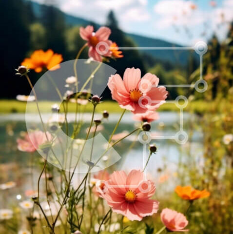 Intra Συλλεκτικό Ξύλινο Παζλ Plywood 4mm - Όμορφη εικόνα με αγριολούλουδα δίπλα σε μια ήρεμη λίμνη με θέα στο βουνό Σε Ξύλινο Κουτί - Διαστάσεις: 10x10 cm – 25 κομμάτια - Image 1