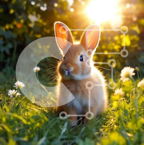 Intra Συλλεκτικό Ξύλινο Παζλ Plywood  4mm - Αξιολάτρευτη εικόνα κουνελιού στο χωράφι με πράσινο γρασίδι και λευκά λουλούδια στο ηλιοβασίλεμα Σε Ξύλινο Κουτί - Διαστάσεις: 10x10 cm – 25 κομμάτια - Image 1