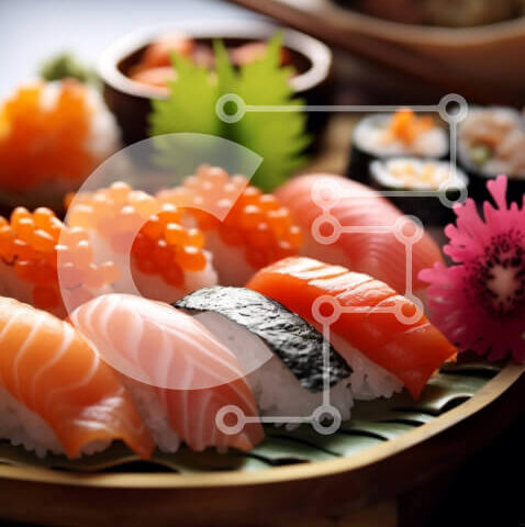 Intra Συλλεκτικό Ξύλινο Παζλ Plywood  4mm - Νόστιμη πιατέλα σούσι με φρέσκο ​​ψάρι και ρολά αβοκάντο Σε Ξύλινο Κουτί - Διαστάσεις: 10x10 cm – 25 κομμάτια - Image 1