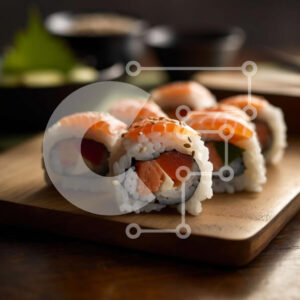 Intra Συλλεκτικό Ξύλινο Παζλ Plywood  4mm - Ρολό σούσι με σολομό, αβοκάντο και αγγούρι σε ξύλινη σανίδα κοπής Σε Ξύλινο Κουτί - Διαστάσεις: 10x10 cm – 25 κομμάτια