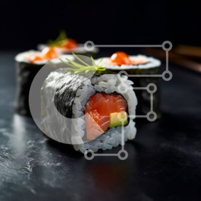 Intra Συλλεκτικό Ξύλινο Παζλ Plywood 4mm - Νόστιμα ρολά σούσι με σολομό και αβοκάντο σε σκοτεινό φόντο Σε Ξύλινο Κουτί - Διαστάσεις: 10x10 cm – 25 κομμάτια - Image 1