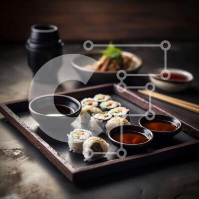 Intra Συλλεκτικό Ξύλινο Παζλ Plywood 4mm - Νόστιμη εικόνα από διάφορα ρολά σούσι με σάλτσα σόγιας και ξυλάκια Σε Ξύλινο Κουτί - Διαστάσεις: 10x10 cm – 25 κομμάτια - Image 1