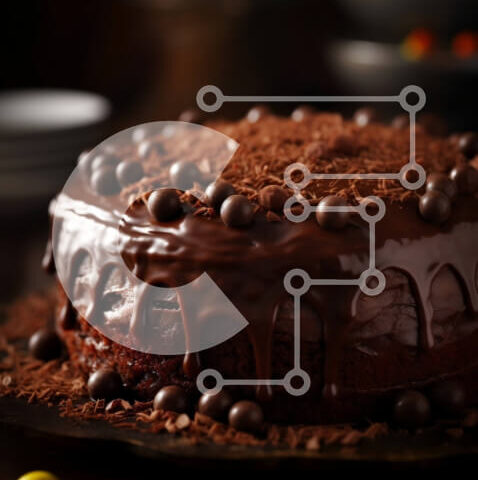 Intra Συλλεκτικό Ξύλινο Παζλ Plywood  4mm - Λαχταριστό κέικ σοκολάτας με γλάσο σοκολάτας και πασπαλίζουμε σε μαύρο πιάτο Σε Ξύλινο Κουτί - Διαστάσεις: 10x10 cm – 25 κομμάτια - Image 1