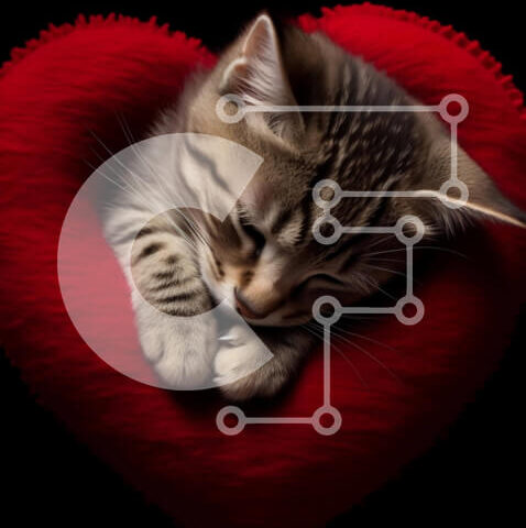 Intra Συλλεκτικό Ξύλινο Παζλ Plywood  4mm - Μικρή γάτα που κοιμάται σε κόκκινο μαξιλάρι σε σχήμα καρδιάς Σε Ξύλινο Κουτί - Διαστάσεις: 10x10 cm – 25 κομμάτια - Image 1