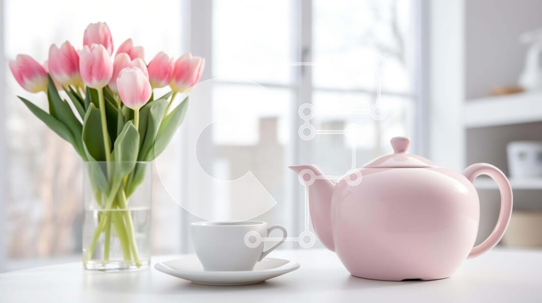 Intra Συλλεκτικό Ξύλινο Παζλ Plywood  4mm - Κομψό ροζ σετ τσαγιού και λουλούδια Σε Ξύλινο Κουτί - Διαστάσεις: 10x10 cm – 25 κομμάτια