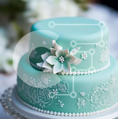 Intra Συλλεκτικό Ξύλινο Παζλ Plywood  4mm - Τυρκουάζ κέικ με λευκά διακοσμητικά και λουλούδια Σε Ξύλινο Κουτί - Διαστάσεις: 10x10 cm – 25 κομμάτια - Image 1