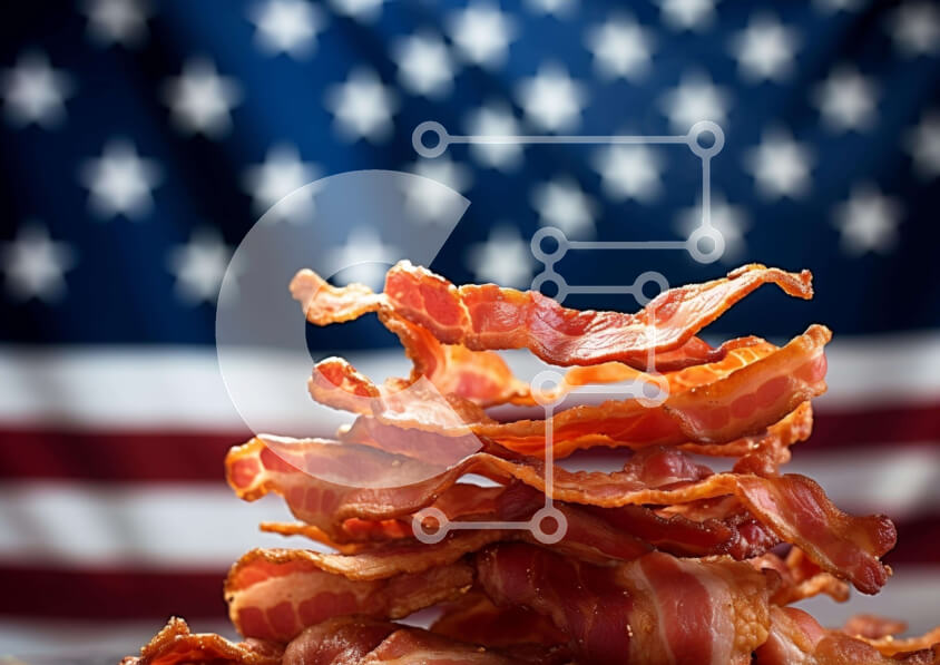 Intra Συλλεκτικό Ξύλινο Παζλ Plywood  4mm - Στοίβα μπέικον με φόντο αμερικανικής σημαίας για τον εορτασμό της 4ης Ιουλίου Σε Ξύλινο Κουτί - Διαστάσεις: 10x10 cm – 25 κομμάτια