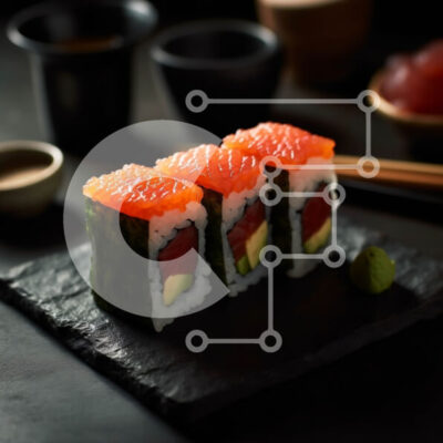 Intra Συλλεκτικό Ξύλινο Παζλ Plywood 4mm - Νόστιμο ρολό σούσι με αβοκάντο, σολομό και αγγούρι σε κομψό μαύρο πιάτο Σε Ξύλινο Κουτί - Διαστάσεις: 10x10 cm – 25 κομμάτια - Image 1