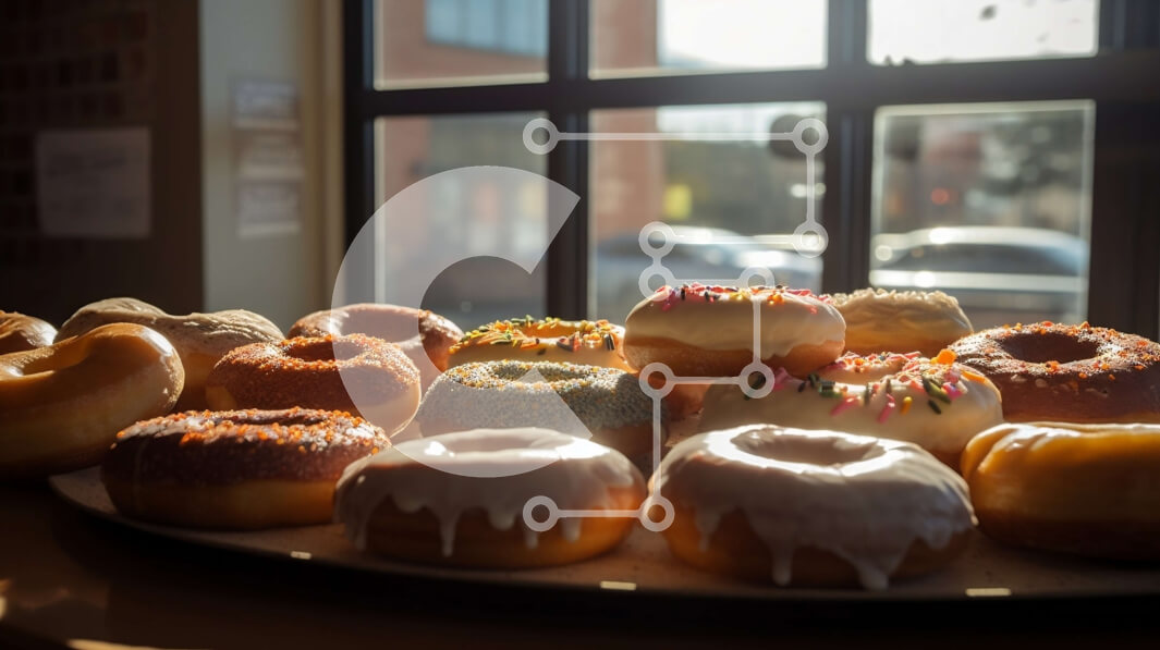 Intra Συλλεκτικό Ξύλινο Παζλ Plywood  4mm - Νόστιμα γλασμένα ντόνατς με ψεκαστήρες σε ένα τραπέζι με θέα σε μια πολυσύχναστη οδό της πόλης Σε Ξύλινο Κουτί - Διαστάσεις: 10x10 cm – 25 κομμάτια