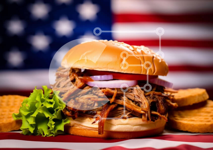 Intra Συλλεκτικό Ξύλινο Παζλ Plywood  4mm - Σάντουιτς τραβηγμένο χοιρινό σε βάφλες με αμερικανική σημαία Σε Ξύλινο Κουτί - Διαστάσεις: 10x10 cm – 25 κομμάτια