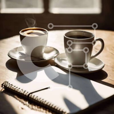 Intra Συλλεκτικό Ξύλινο Παζλ Plywood 4mm - Δύο φλιτζάνια καφέ σε ένα ξύλινο τραπέζι με ένα ανοιχτό σημειωματάριο Σε Ξύλινο Κουτί - Διαστάσεις: 10x10 cm – 25 κομμάτια - Image 1