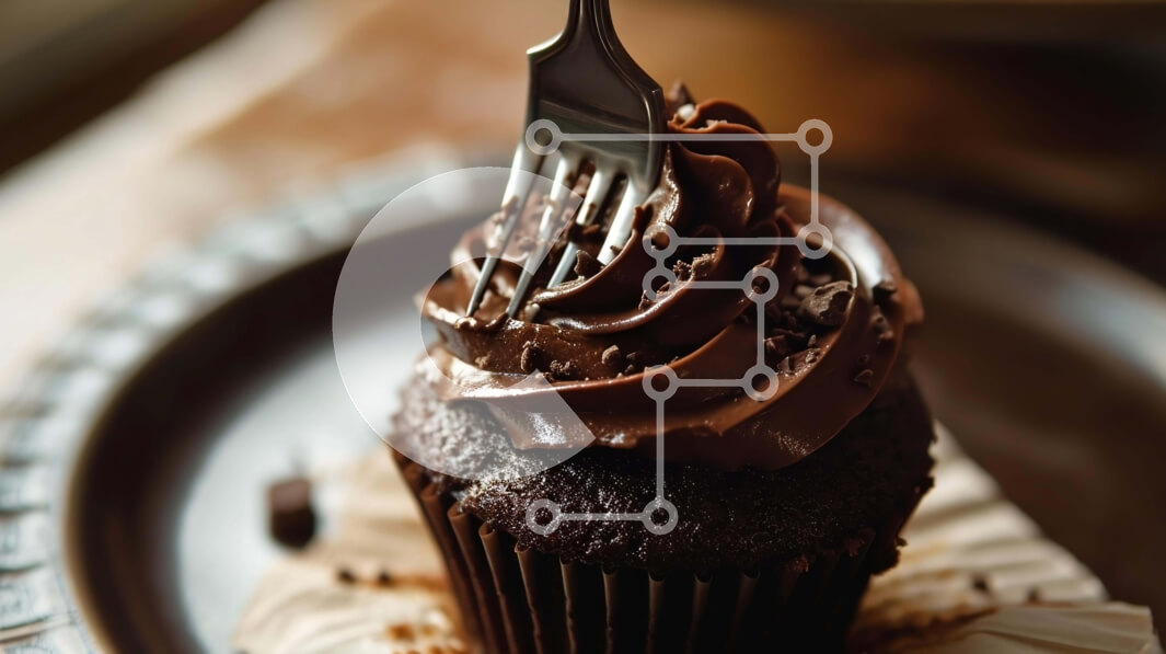 Intra Συλλεκτικό Ξύλινο Παζλ Plywood  4mm - Cupcake σοκολάτας με πιρούνι και σκορπισμένα κομμάτια σοκολάτας Σε Ξύλινο Κουτί - Διαστάσεις: 10x10 cm – 25 κομμάτια - Image 1
