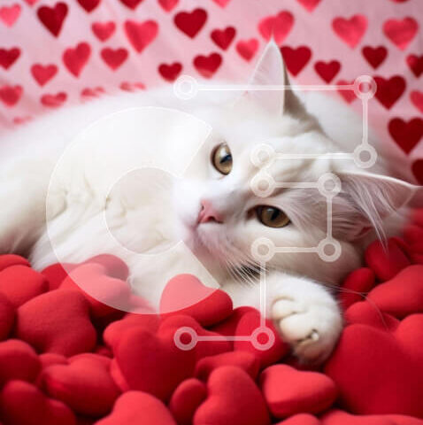 Intra Συλλεκτικό Ξύλινο Παζλ Plywood 4mm - Λευκή γάτα σε κόκκινα μαξιλάρια σε σχήμα καρδιάς Σε Ξύλινο Κουτί - Διαστάσεις: 10x10 cm – 25 κομμάτια - Image 1