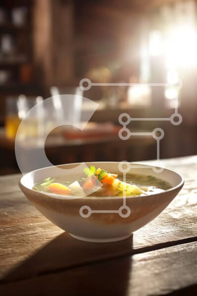 Intra Συλλεκτικό Ξύλινο Παζλ Plywood  4mm - Νόστιμη σούπα με λαχανικά και νουντλς σε ξύλινο τραπέζι Σε Ξύλινο Κουτί - Διαστάσεις: 10x10 cm – 25 κομμάτια