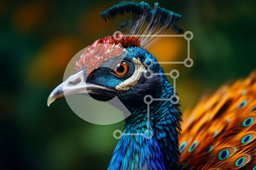 Intra Συλλεκτικό Ξύλινο Παζλ Plywood  4mm - Κοντινό πλάνο του κεφαλιού ενός παγωνιού με πολύχρωμα φτερά Σε Ξύλινο Κουτί - Διαστάσεις: 10x10 cm – 25 κομμάτια