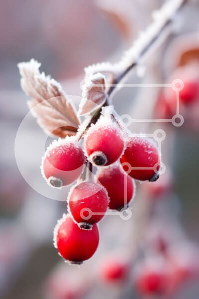 Intra Συλλεκτικό Ξύλινο Παζλ Plywood  4mm - Κόκκινα μούρα καλυμμένα με παγετό σε ένα χειμωνιάτικο κλαδί Σε Ξύλινο Κουτί - Διαστάσεις: 10x10 cm – 25 κομμάτια