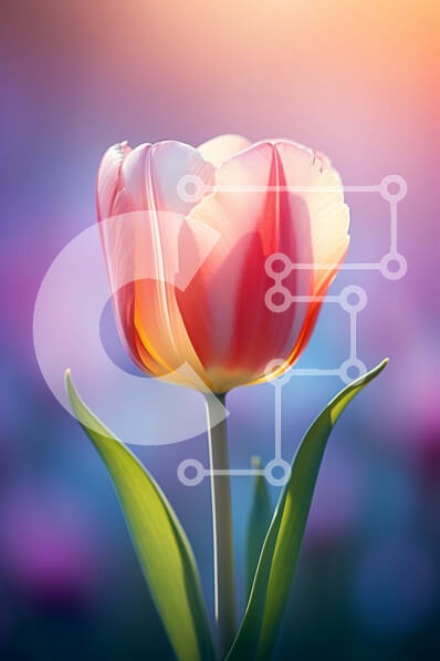 Intra Συλλεκτικό Ξύλινο Παζλ Plywood  4mm - Κοντινό πλάνο ροζ λουλουδιών τουλίπας με πράσινα φύλλα και κίτρινο κέντρο Σε Ξύλινο Κουτί - Διαστάσεις: 10x10 cm – 25 κομμάτια