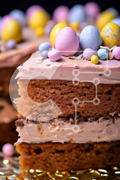 Intra Συλλεκτικό Ξύλινο Παζλ Plywood  4mm - Κοντινό πλάνο πασχαλινό κέικ σοκολάτας με στρώσεις με ροζ παγωμένο και πολύχρωμα αυγά Σε Ξύλινο Κουτί - Διαστάσεις: 10x10 cm – 25 κομμάτια