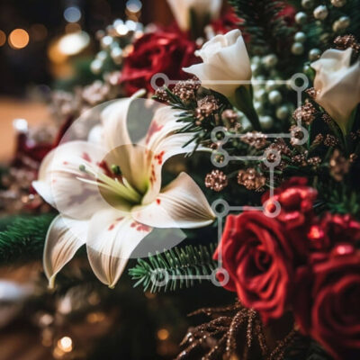 Intra Συλλεκτικό Ξύλινο Παζλ Plywood 4mm - Όμορφο μπουκέτο με κόκκινα και λευκά τριαντάφυλλα και λευκούς κρίνους σε ένα ξύλινο τραπέζι Σε Ξύλινο Κουτί - Διαστάσεις: 10x10 cm – 25 κομμάτια - Image 1