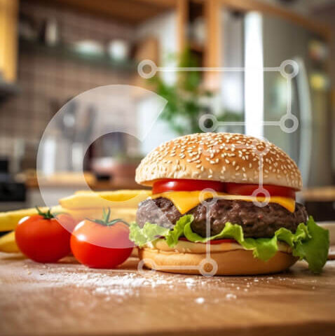 Intra Συλλεκτικό Ξύλινο Παζλ Plywood 4mm - Νόστιμο χάμπουργκερ με τυρί, μαρούλι και ντομάτα σε ξύλινο ξύλο κοπής Σε Ξύλινο Κουτί - Διαστάσεις: 10x10 cm – 25 κομμάτια - Image 1