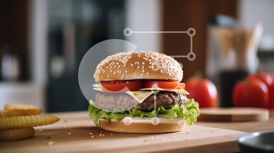 Intra Συλλεκτικό Ξύλινο Παζλ Plywood  4mm - Νόστιμο χάμπουργκερ με μαρούλι, ντομάτα και τυρί σε ξύλινο ξύλο κοπής Σε Ξύλινο Κουτί - Διαστάσεις: 10x10 cm – 25 κομμάτια