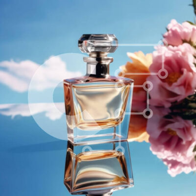 Intra Συλλεκτικό Ξύλινο Παζλ Plywood  4mm - Ζωντανή εικόνα του μπουκαλιού αρώματος Chanel No. 5 με ροζ λουλούδι και μπλε ουρανό Σε Ξύλινο Κουτί - Διαστάσεις: 10x10 cm – 25 κομμάτια - Image 1