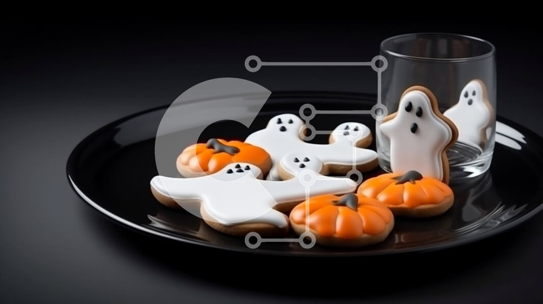 Intra Συλλεκτικό Ξύλινο Παζλ Plywood  4mm - Μπισκότα φαντάσματα και κολοκύθες με θέμα το Halloween σε μαύρο πιάτο Σε Ξύλινο Κουτί - Διαστάσεις: 10x10 cm – 25 κομμάτια