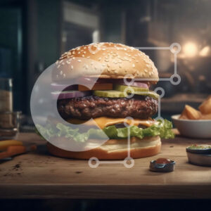 Intra Συλλεκτικό Ξύλινο Παζλ Plywood  4mm - Νόστιμο Cheeseburger με φρέσκα λαχανικά σε ξύλινο τραπέζι με θέα στην πόλη Σε Ξύλινο Κουτί - Διαστάσεις: 10x10 cm – 25 κομμάτια