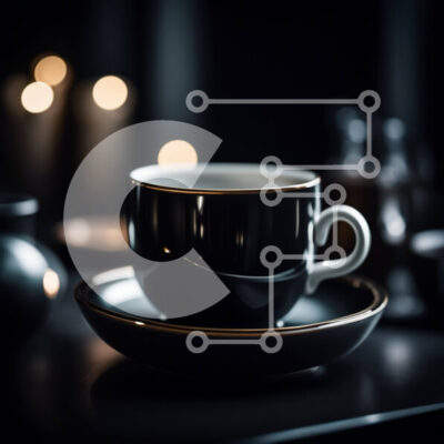 Intra Συλλεκτικό Ξύλινο Παζλ Plywood  4mm - Κομψό μαύρο φλιτζάνι καφέ και πιατάκι σε ένα σκοτεινό τραπέζι Σε Ξύλινο Κουτί - Διαστάσεις: 10x10 cm – 25 κομμάτια - Image 1