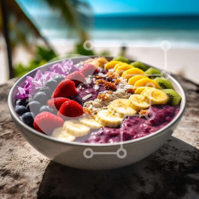 Intra Συλλεκτικό Ξύλινο Παζλ Plywood 4mm - Νόστιμο μπολ φρουτοσαλάτας με γκρανόλα και νιφάδες καρύδας σε μια παραλία Σε Ξύλινο Κουτί - Διαστάσεις: 10x10 cm – 25 κομμάτια - Image 1