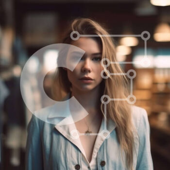 Intra Συλλεκτικό Ξύλινο Παζλ Plywood  4mm - Μοντέρνα γυναίκα με λευκό πουκάμισο και μπλε μπουφάν που στέκεται στο κατάστημα ρούχων Σε Ξύλινο Κουτί - Διαστάσεις: 10x10 cm – 25 κομμάτια - Image 1