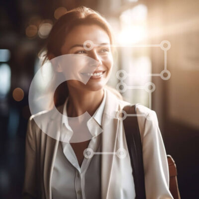 Intra Συλλεκτικό Ξύλινο Παζλ Plywood 4mm - Όμορφη εικόνα της χαμογελαστής γυναίκας με τη μαύρη τσάντα μπροστά από το παράθυρο Σε Ξύλινο Κουτί - Διαστάσεις: 10x10 cm – 25 κομμάτια - Image 1