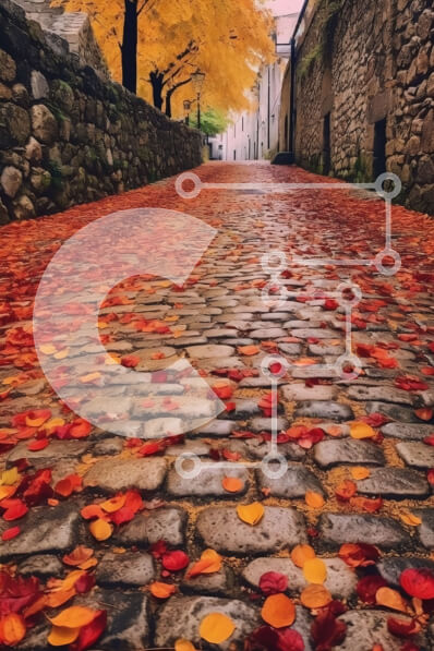 Intra Συλλεκτικό Ξύλινο Παζλ Plywood  4mm - Πολύχρωμα Φθινοπωρινά Φύλλα στην Πλακόστρωτη Οδό Σε Ξύλινο Κουτί - Διαστάσεις: 10x10 cm – 25 κομμάτια