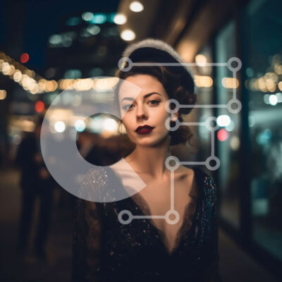 Intra Συλλεκτικό Ξύλινο Παζλ Plywood  4mm - Κομψή γυναίκα με μαύρο φόρεμα και καπέλο που στέκεται στην πολυσύχναστη οδό της πόλης τη νύχτα Σε Ξύλινο Κουτί - Διαστάσεις: 10x10 cm – 25 κομμάτια - Image 1