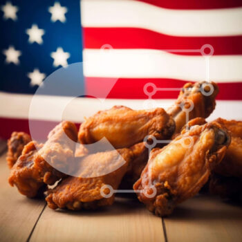 Intra Συλλεκτικό Ξύλινο Παζλ Plywood  4mm - Φρεσκοπαρασκευασμένες φτερούγες κοτόπουλου σε ξύλινο τραπέζι με αμερικανική σημαία Σε Ξύλινο Κουτί - Διαστάσεις: 10x10 cm – 25 κομμάτια - Image 1