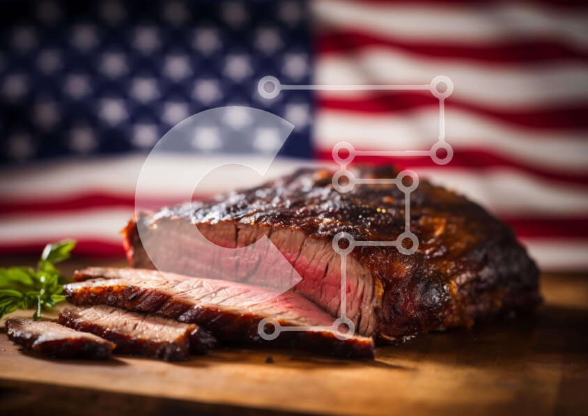 Intra Συλλεκτικό Ξύλινο Παζλ Plywood  4mm - Μαγειρεμένο βόειο κρέας σε πίνακα κοπής αμερικανικής σημαίας Σε Ξύλινο Κουτί - Διαστάσεις: 10x10 cm – 25 κομμάτια