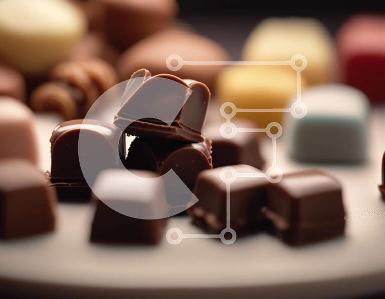 Intra Συλλεκτικό Ξύλινο Παζλ Plywood  4mm - Ανάμικτες καραμέλες σοκολάτας σε λευκό πιάτο Σε Ξύλινο Κουτί - Διαστάσεις: 10x10 cm – 25 κομμάτια