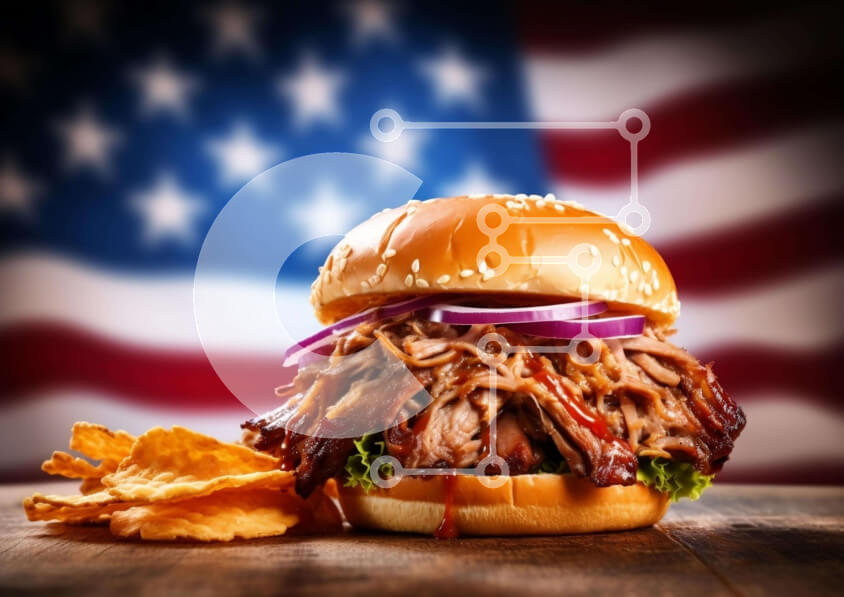 Intra Συλλεκτικό Ξύλινο Παζλ Plywood  4mm - Σάντουιτς τραβηγμένο χοιρινό με πατατάκια και αμερικανική σημαία Σε Ξύλινο Κουτί - Διαστάσεις: 10x10 cm – 25 κομμάτια